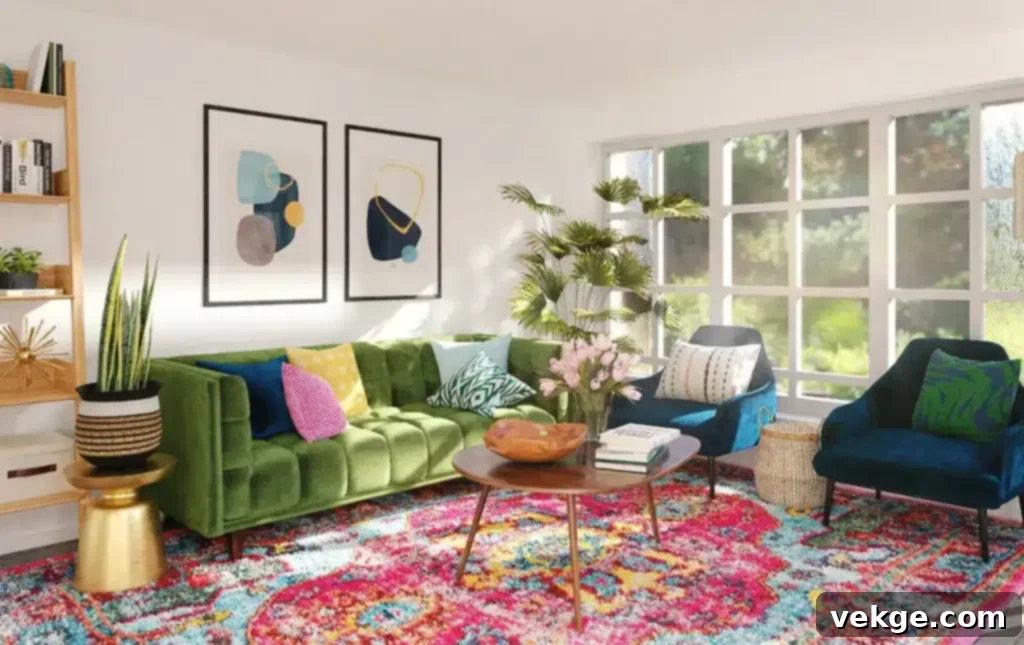 Vibrant living room with a green couch and colorful rug,