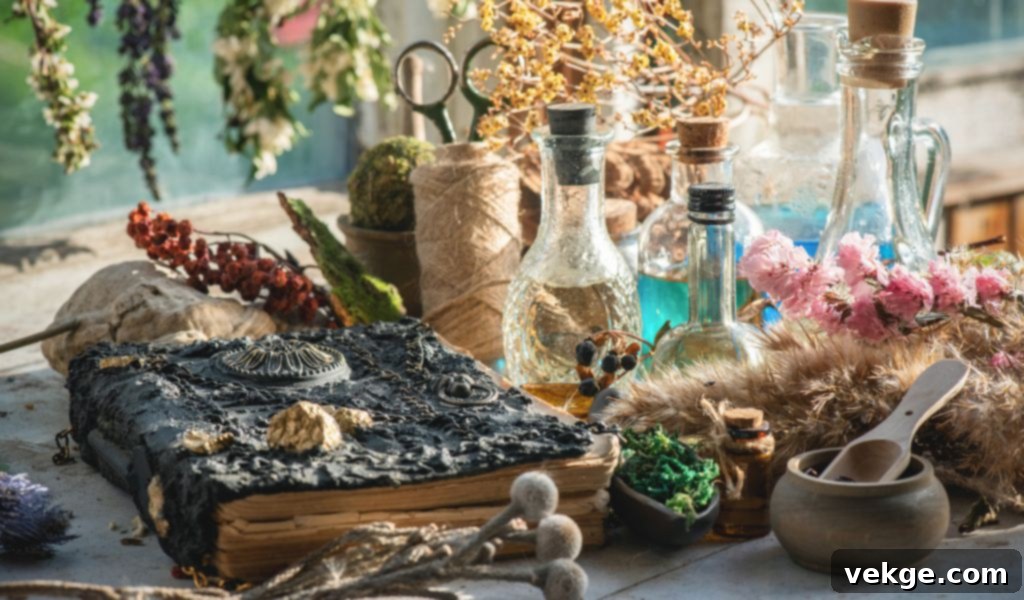 Table displaying diverse herbs and potions, showcasing the uniqueness of Bohemian Halloween decor