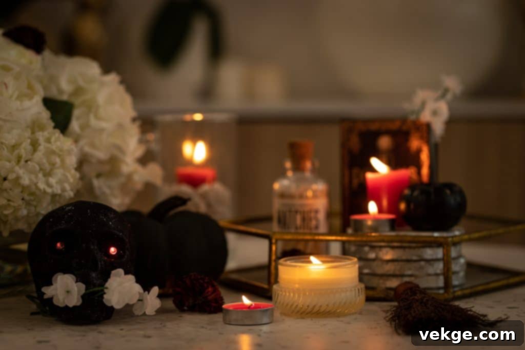 A spooky and witchy candle decor featuring a table adorned with candles and flowers