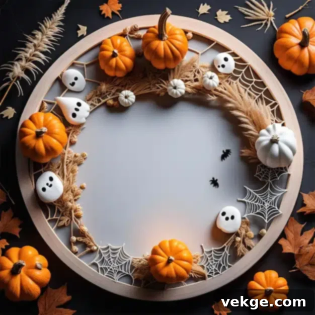 Halloween-themed wreath made of pumpkins and leaves arranged in a circular frame. Spooky Bohemian Wreathes