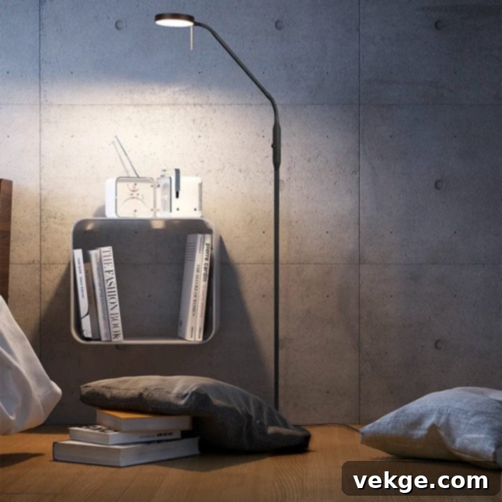 A cozy bed with a stylish Scandinavian floor lamp illuminating the bedside, creating a warm and inviting atmosphere in the bedroom.