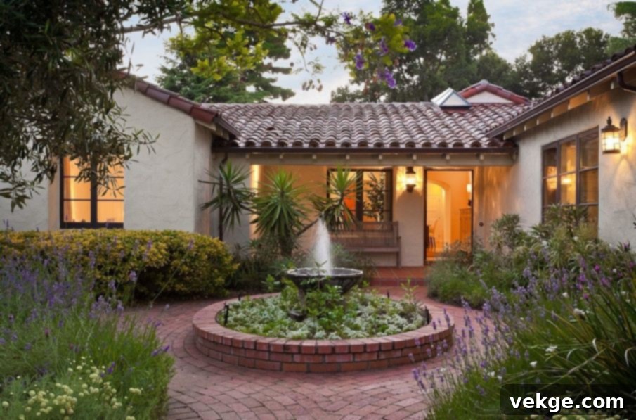 A picturesque home with a charming fountain in the front yard, showcasing the perfect blend of elegance and adaptability