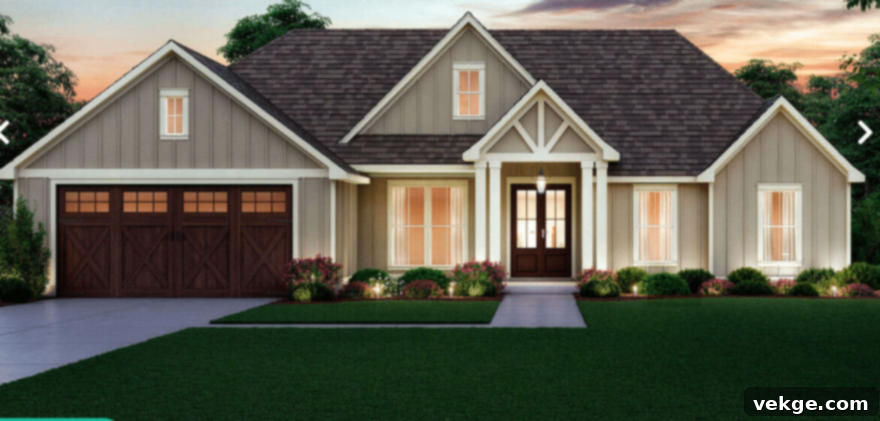 A ranch house with a garage and front porch, showcasing a cozy and inviting home design