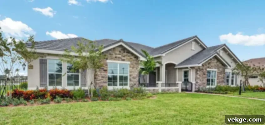 Exterior view of an ideal ranch house with a spacious layout, low roofline, and large windows