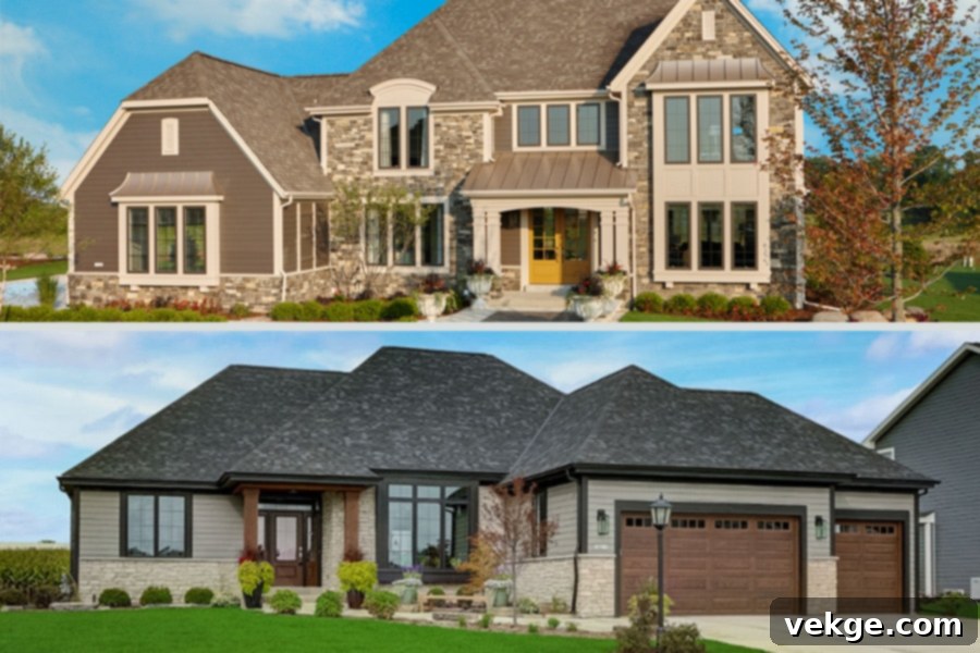 Two houses with a garage and front yard; one is a ranch house, the other a farmhouse