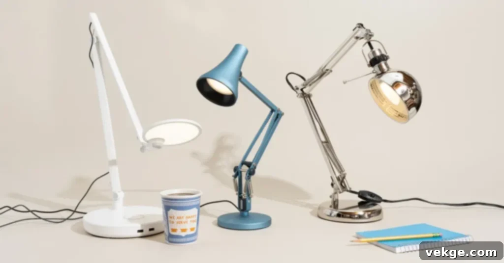Three desk lamps of varying styles and a coffee cup placed together on a surface