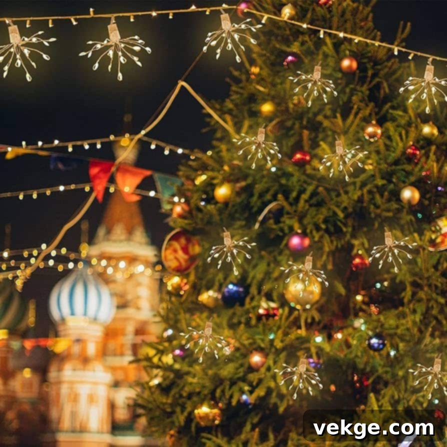 A beautifully decorated Christmas tree with lights and ornaments, set against the backdrop of the Kremlin, enhanced by Starburst Firework String Lights.