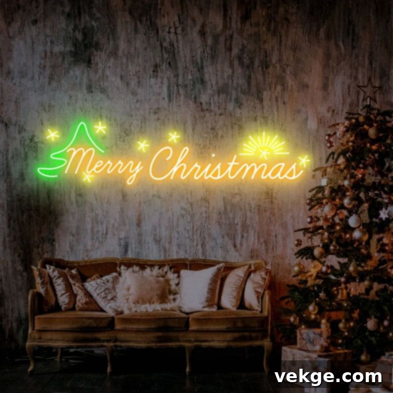 A vibrant neon sign that reads "Merry Christmas" in glowing letters against a dark background