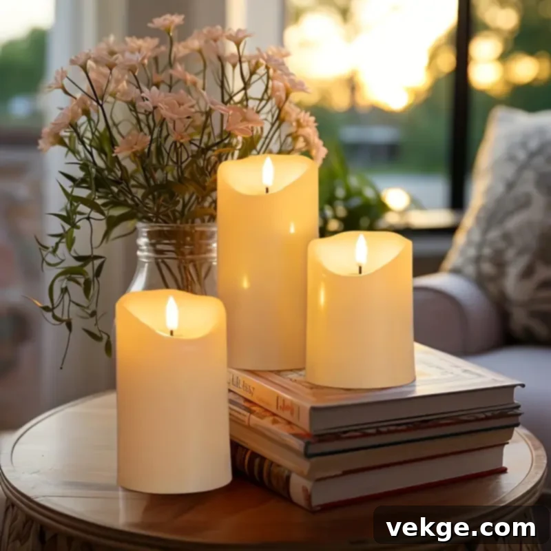 Three battery-operated candles on a table adorned with books and flowers.
