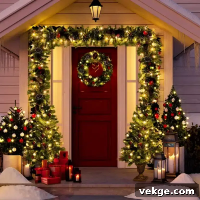 A festive red door adorned with Christmas decorations, including a wreath and a pre-lit Christmas garland
