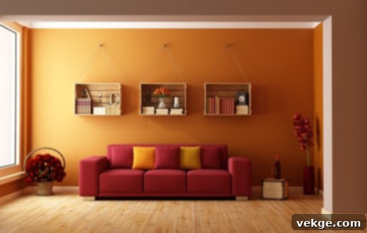Orange or Tangerine walls with a red sofa for a warm, meditative and vibrant vibe
