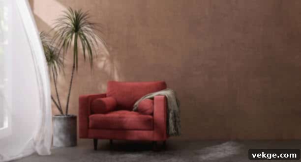 Red suede leather armchair and concrete pot of tropical dracaena in modern and luxury brown wall on black floor room with dappled sunlight from blowing sheer curtain window for interior decoration, lifestyle and architecture product display