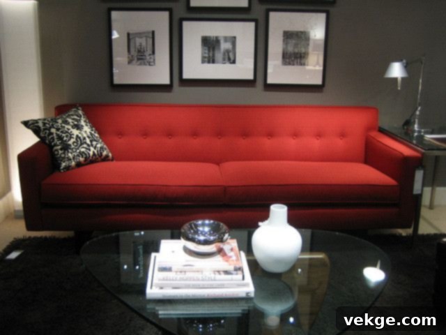 Charcoal walls creating a dramatic and rich setting for a red sofa