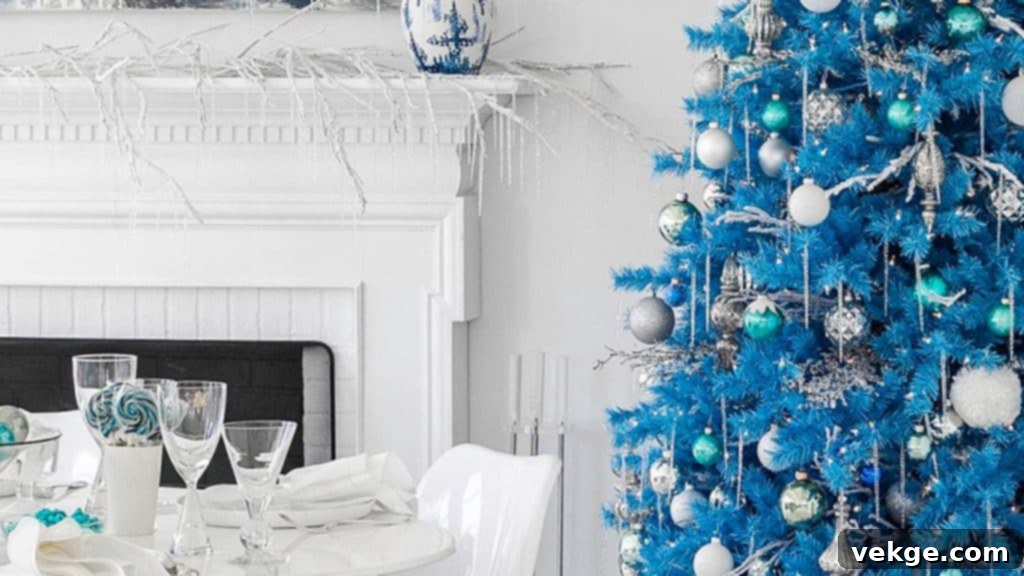 Calming blue Christmas decorations combined with white elements to create a serene and elegant winter wonderland effect.