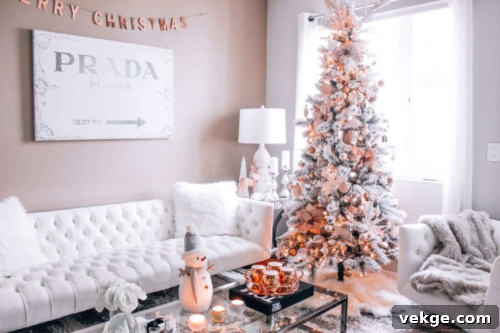 Rose gold Christmas decorations blended with white decor, creating a romantic, chic, and contemporary luxurious look.