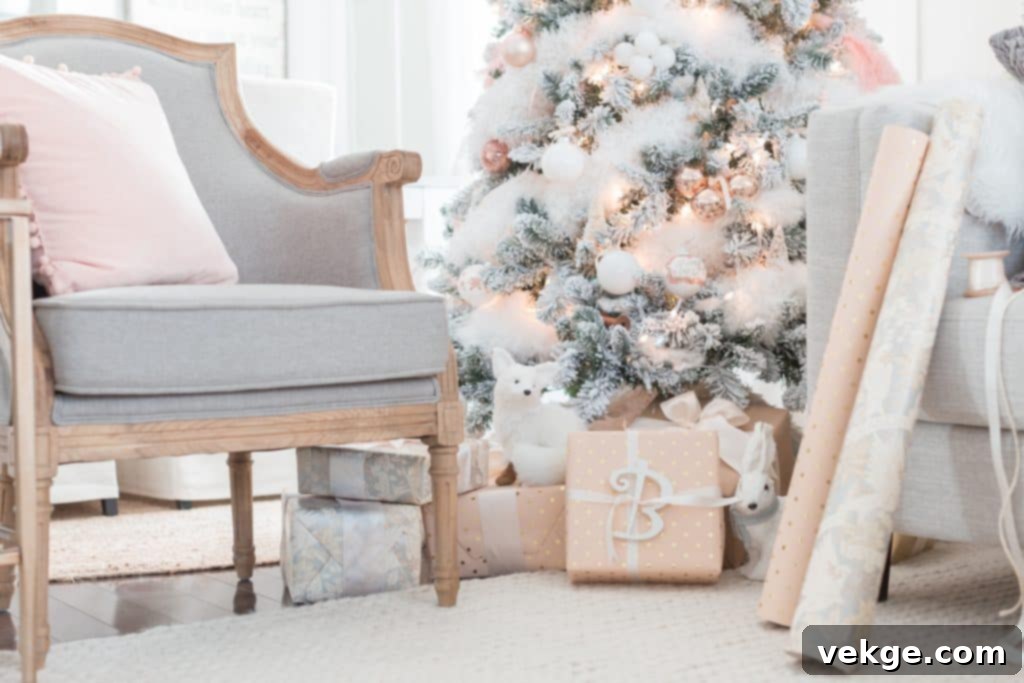 Copper Christmas decorations mixed with white elements, providing a unique vintage, rustic, and warm touch to the holiday decor.