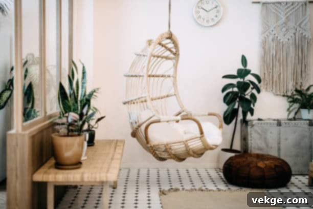 Cozy hanging chair in the loft living room with stylish and bohemia design. Well designed and decorated with an assortment of interesting plants