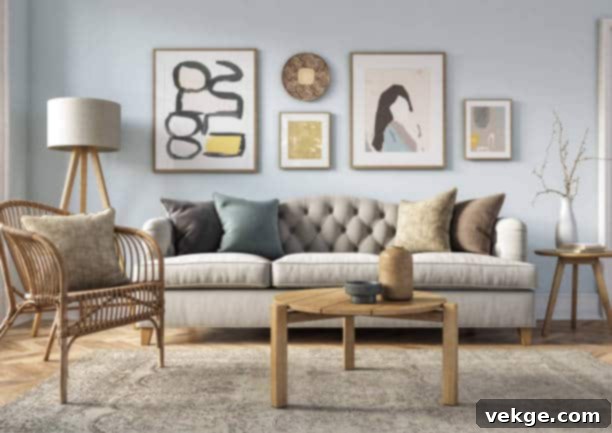 Bohemian living room interior 3d render with beige colored furniture and wooden elements and light blue colored wall
