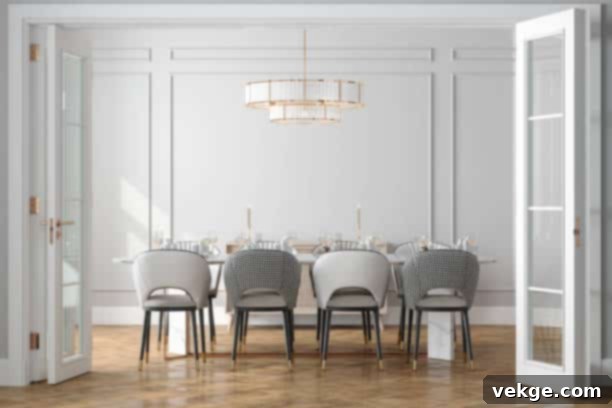 Entrance of Dining Room with a mix of eclectic Dining Table and Chairs against an empty white wall in the background.
