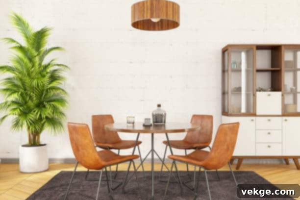 Stylish and modern dining room interior with unique wall design and bold color scheme. 3d Render