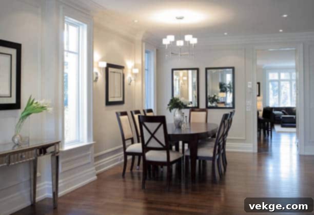 Layout of the main floor in brand new custom family home in North America, featuring a strategically placed mirror in the dining area.