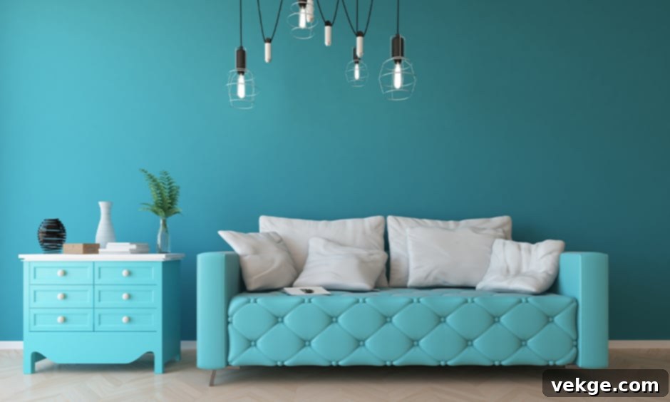Blue room interior with light blue walls and natural light