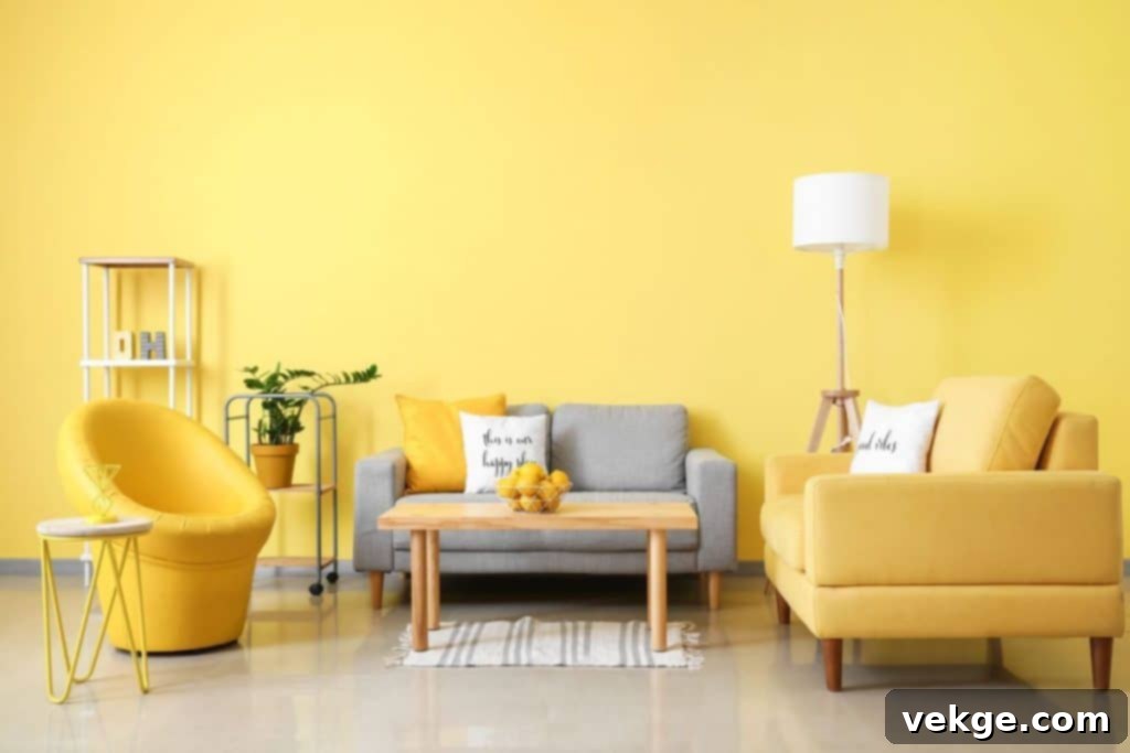 Yellow bedroom interior with soft yellow walls and bed