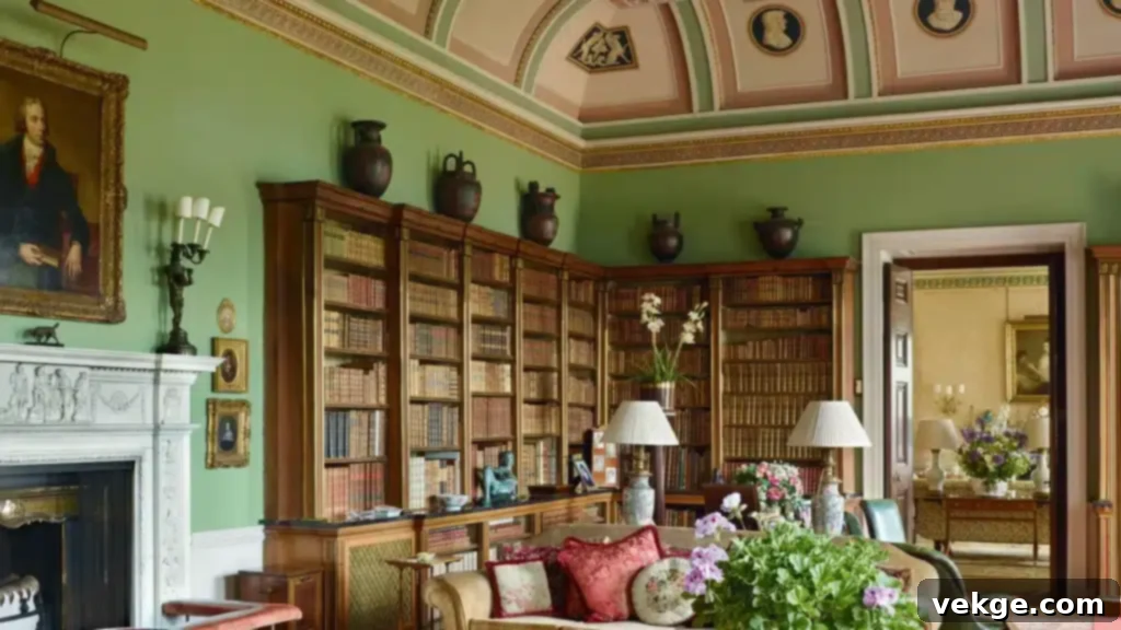 A richly decorated English country living room with deep sofas, patterned cushions, and a collection of books, exuding comfort and warmth.