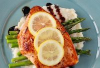Pan-Seared Wild Salmon with Creamy Cauliflower Mash and Balsamic Glazed Asparagus
