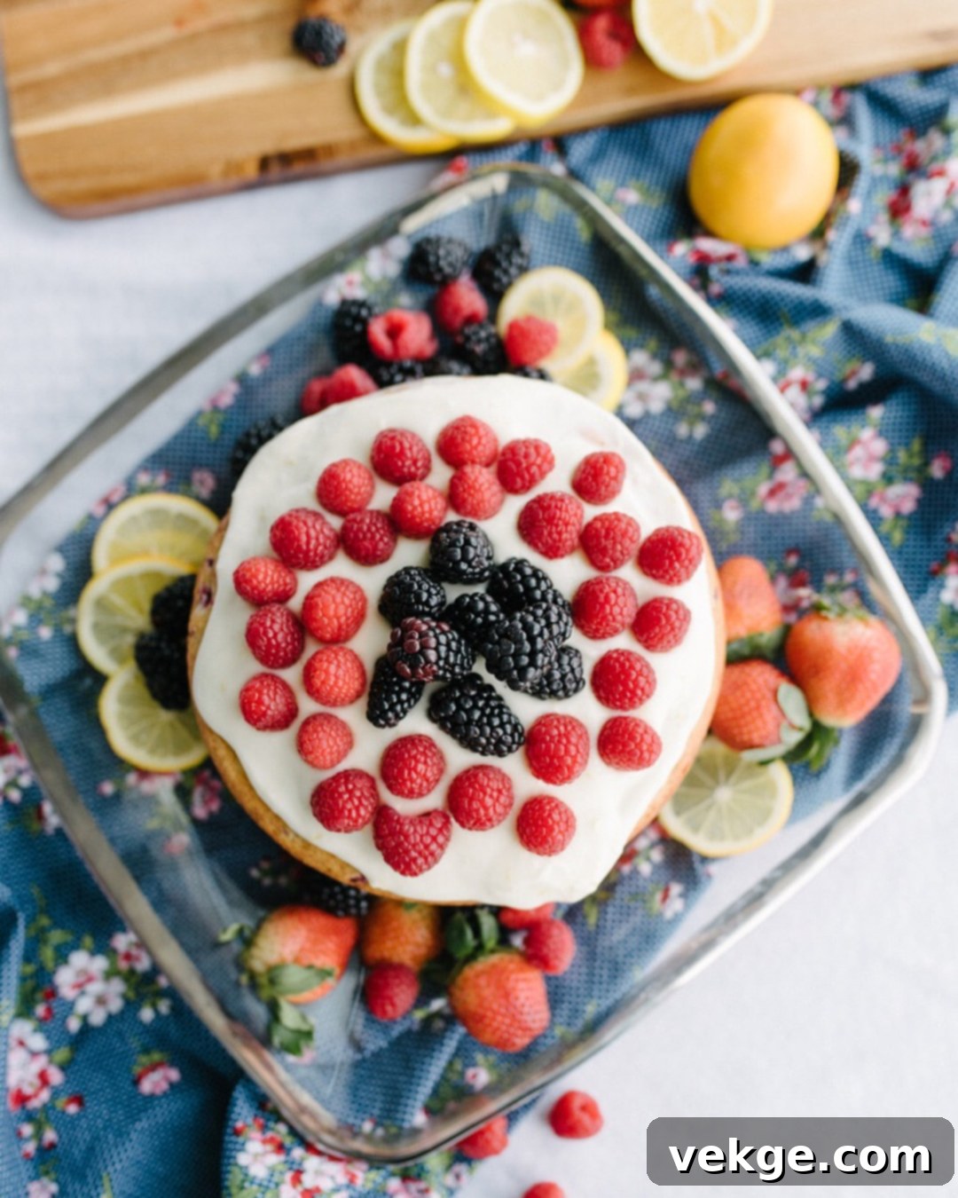Sunshine Raspberry Lemon Cake 8 Close-up of a finished Raspberry Lemon Cake ready to be served