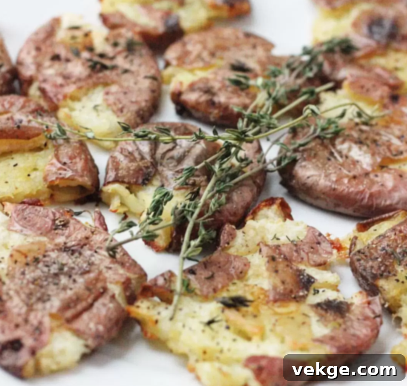 Finished plate of crispy roasted smashed potatoes, garnished with fresh thyme.