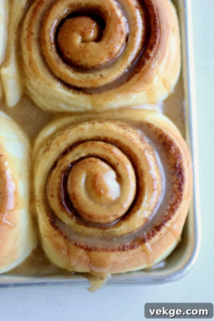 Giant Cinnamon Swirls with Golden Brown Butter Glaze 6 Finished jumbo cinnamon rolls with brown butter glaze
