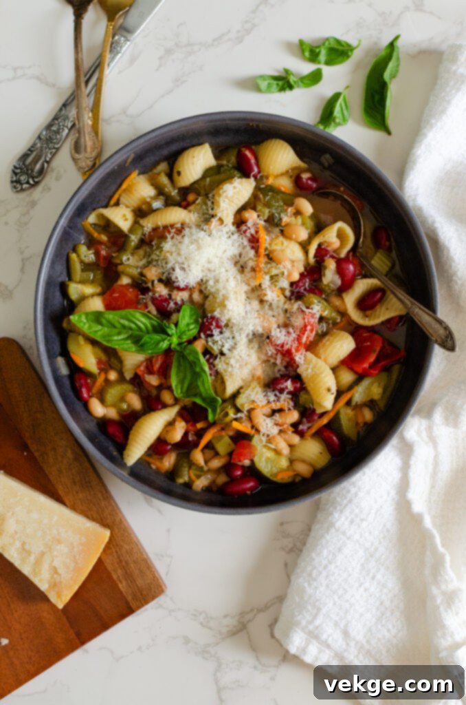 Effortless Instant Pot Minestrone 5 A top-down view of the Instant Pot containing all the raw ingredients for Minestrone Soup before pressure cooking.