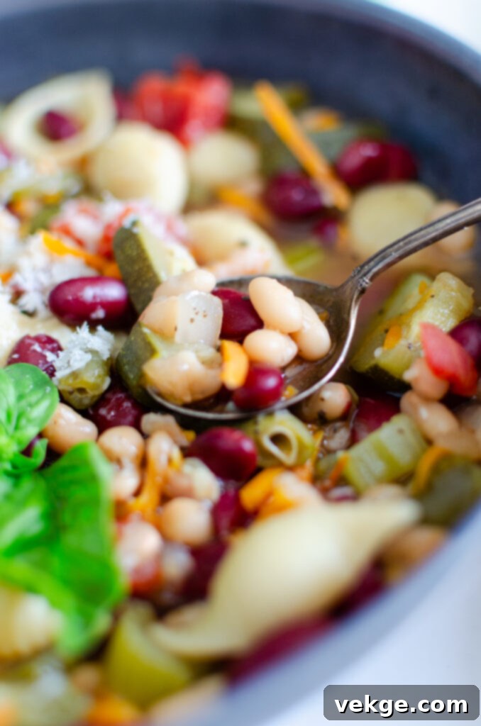 Effortless Instant Pot Minestrone 7 A close-up of the finished Instant Pot Minestrone Soup in a bowl, showcasing the rich broth, pasta, and various vegetables.