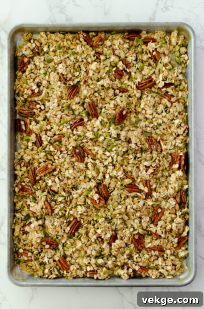 Cozy Cinnamon Granola 5 Baked homemade cinnamon granola on a baking sheet cooling