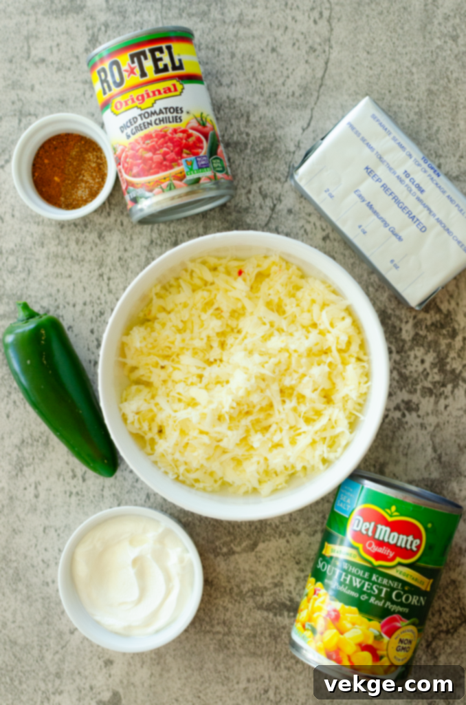 Close-up of Creamy Corn Queso Dip ingredients before cooking