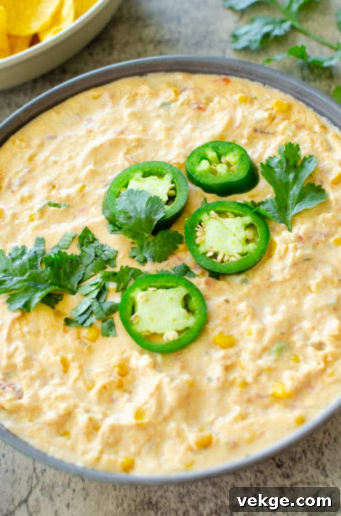 Close-up of Creamy Corn Queso Dip during preparation