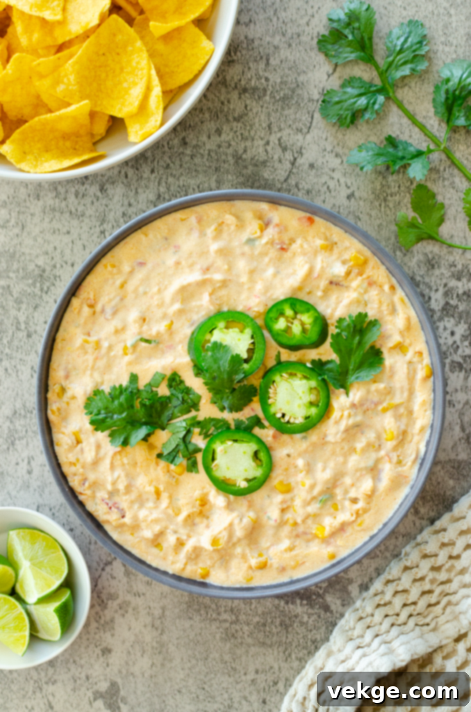 Full spread of Creamy Corn Queso Dip with chips and garnishes