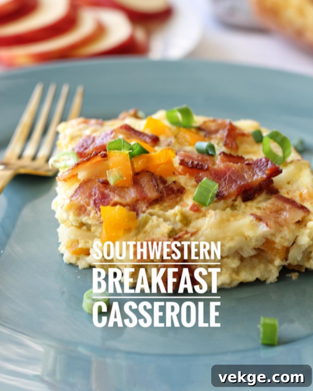 A golden brown Southwestern Breakfast Casserole garnished with fresh green onions, showcasing its cheesy, savory layers.