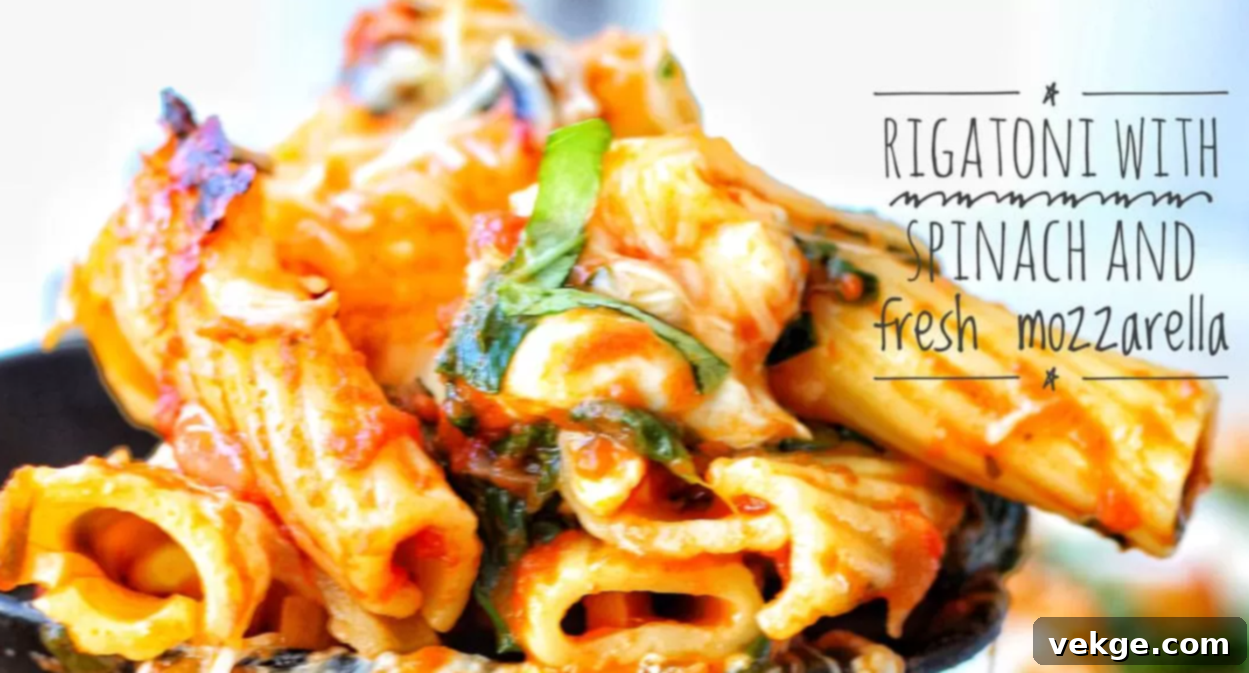 Vibrant Spinach and Fresh Mozzarella Rigatoni 4 A beautifully plated serving of baked rigatoni with spinach and fresh mozzarella, garnished with basil