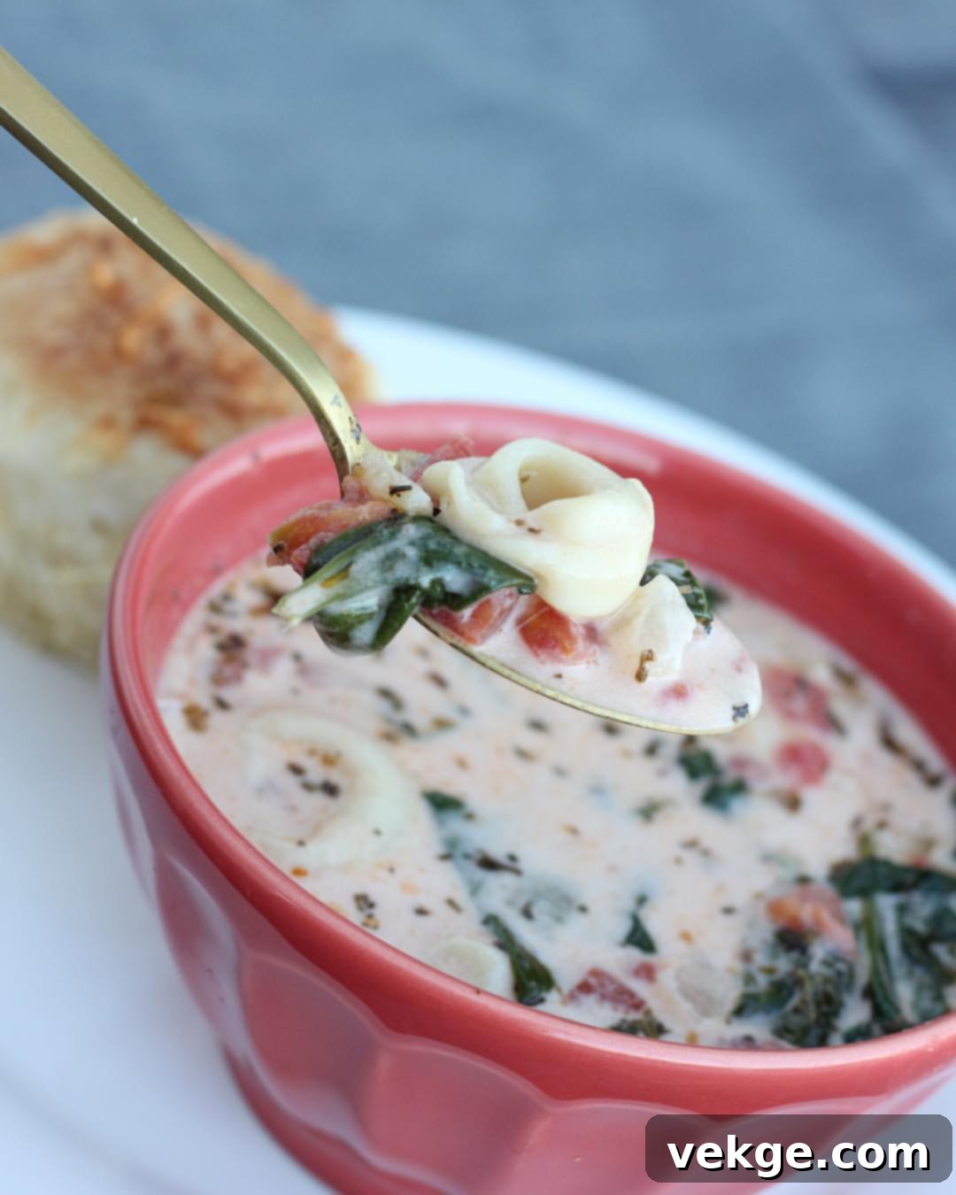 Hearty Tuscan Tortellini Soup 3 Close-up of a spoon lifting creamy Tuscan Tortellini Soup, showing cheesy tortellini, spinach, and diced tomatoes.