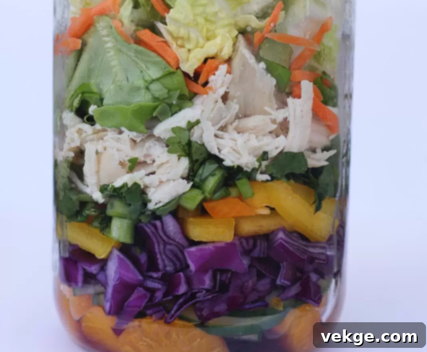 Layered Lunch Jars 4 A vibrant jar salad featuring shredded cabbage, mandarins, and chicken