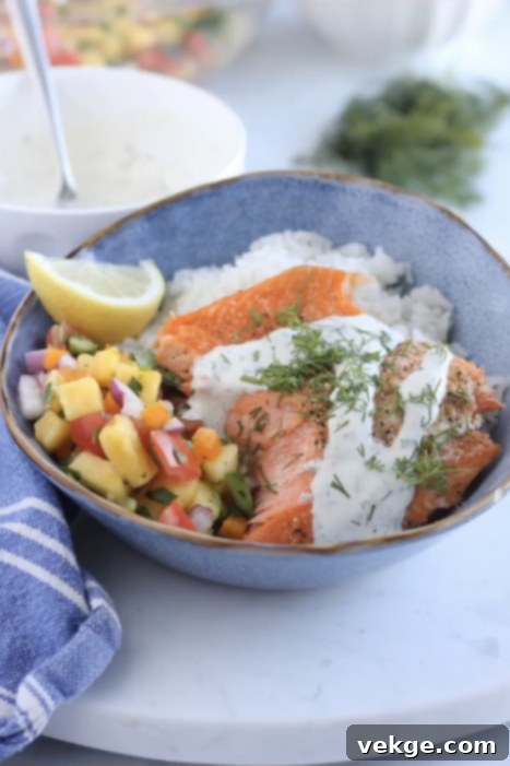 Wild Salmon Pineapple Burst Dill Finish 2 Plate of salmon with pineapple salsa