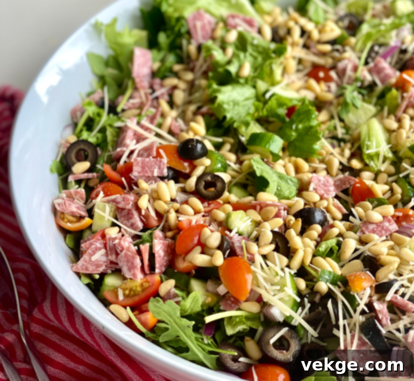 Vibrant Italian Salad 4 A close-up of the prepared Fresh Italian Salad with a light dressing, showcasing the rich textures and colors.