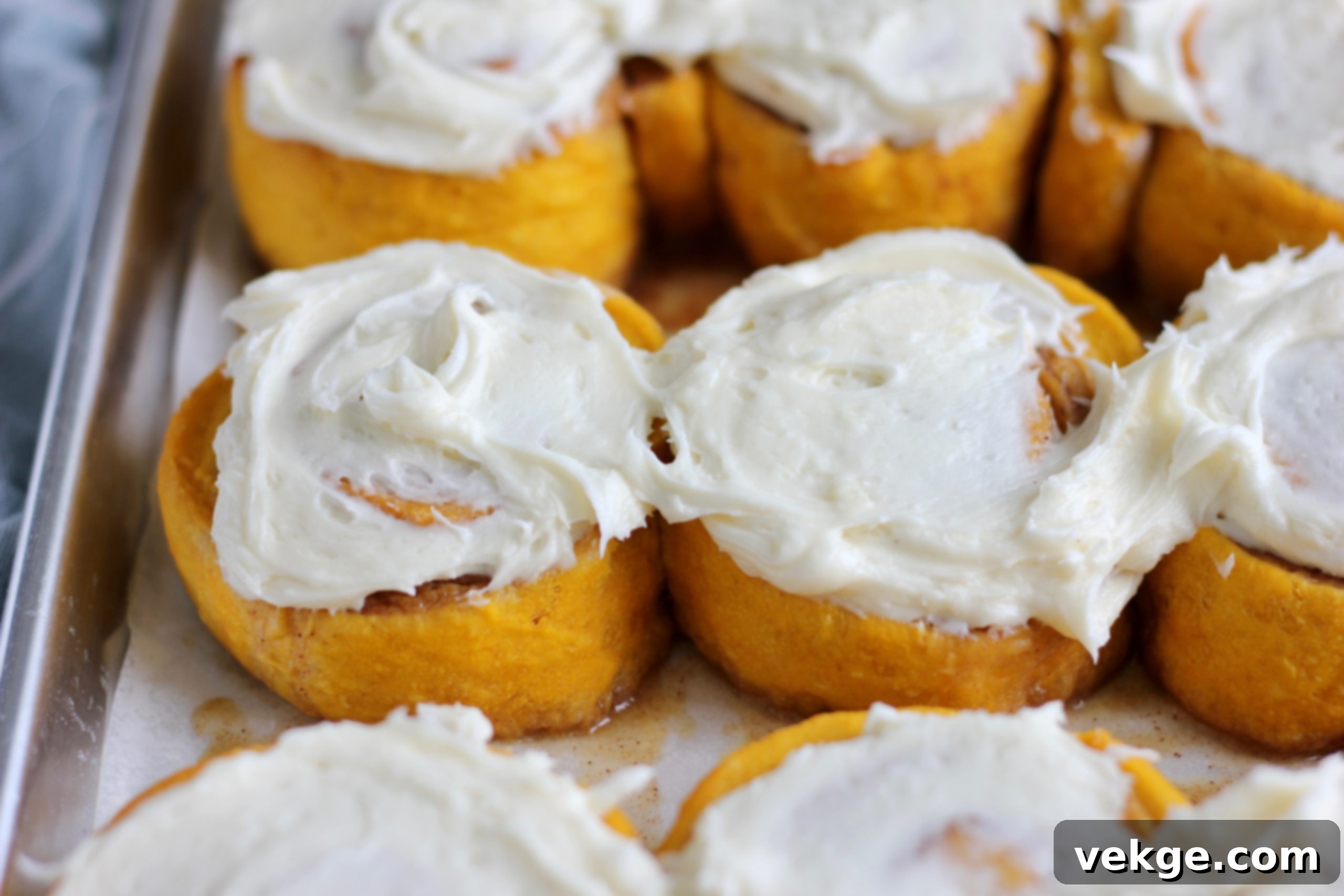 Pumpkin Cinnamon Rolls 2 Freshly baked pumpkin cinnamon rolls with cream cheese frosting, ready to serve.
