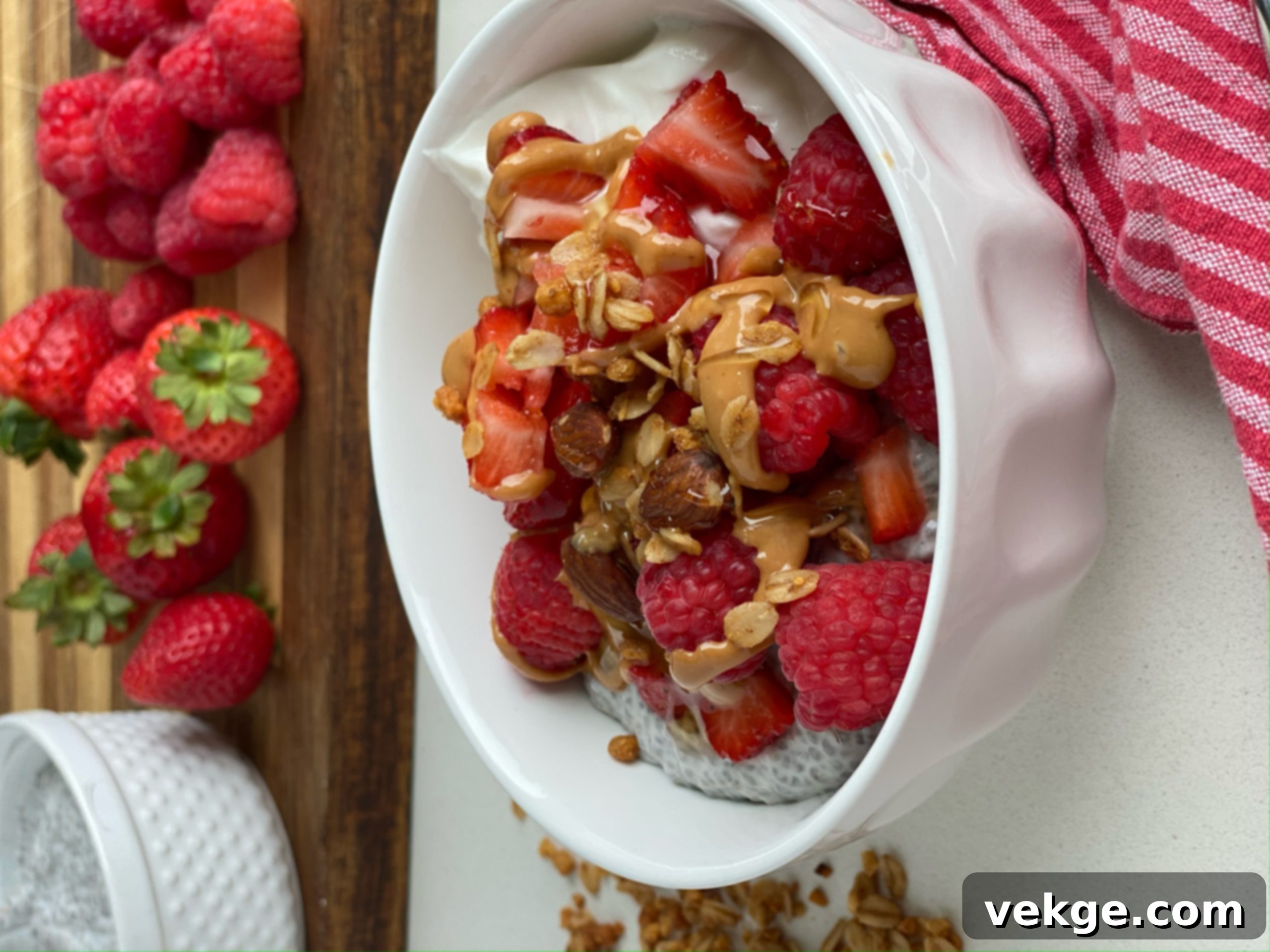 Close-up of the loaded oatmeal bowl with all toppings
