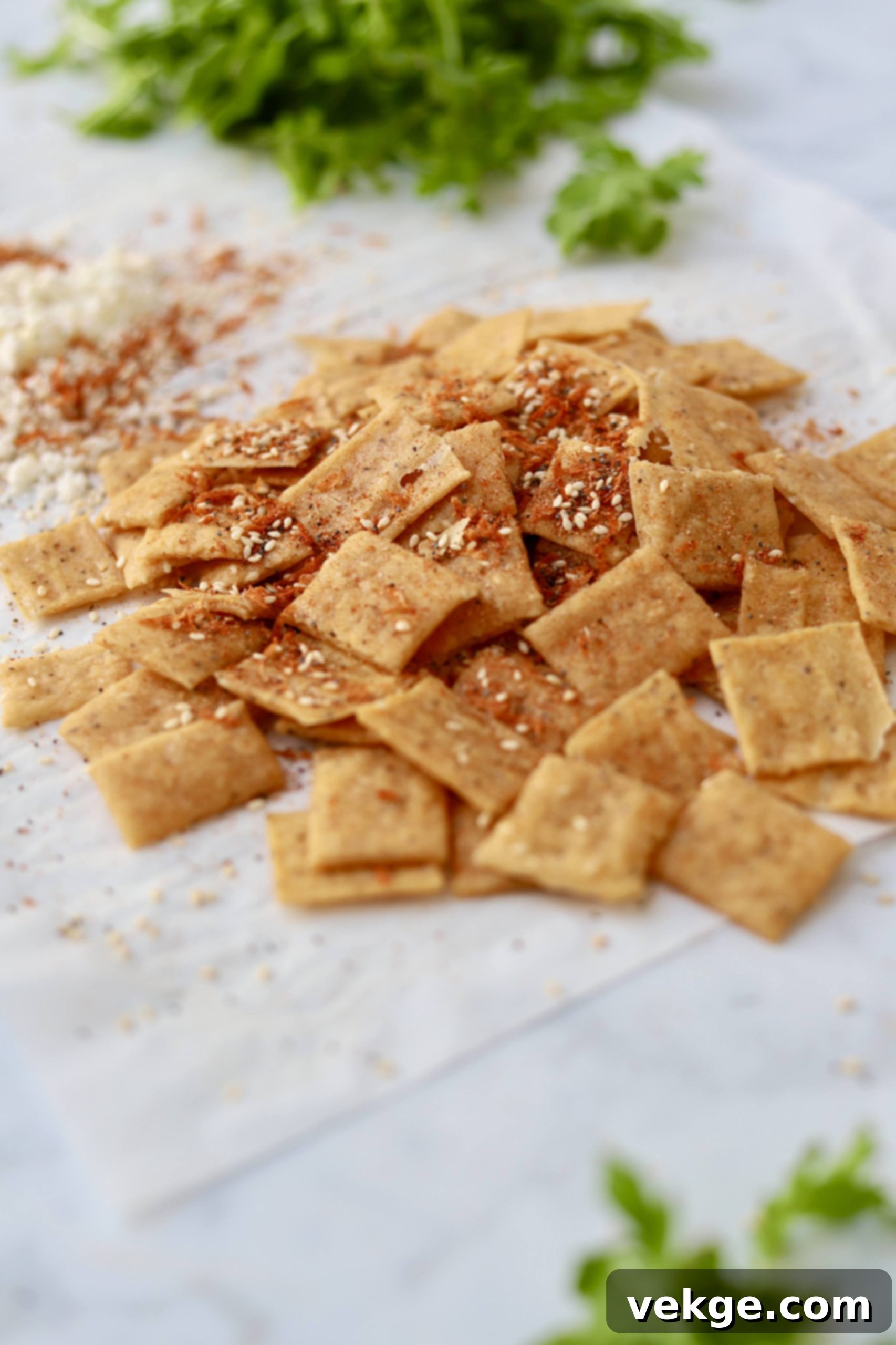 Artisan Sourdough Cheese Crisps 2 Crispy homemade sourdough discard crackers on a baking sheet