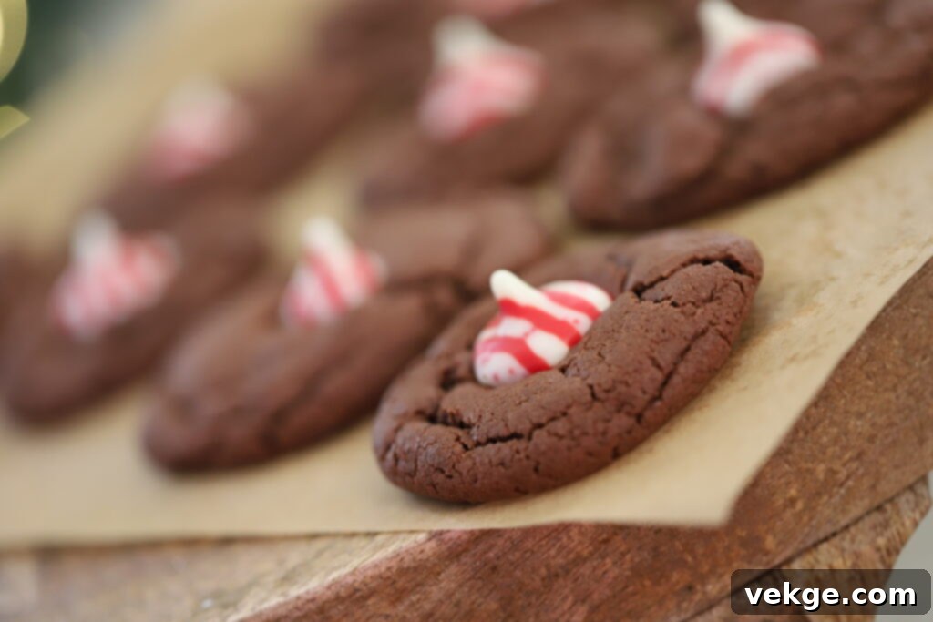 A festive plate of chocolate peppermint kiss cookies, ready to be served.