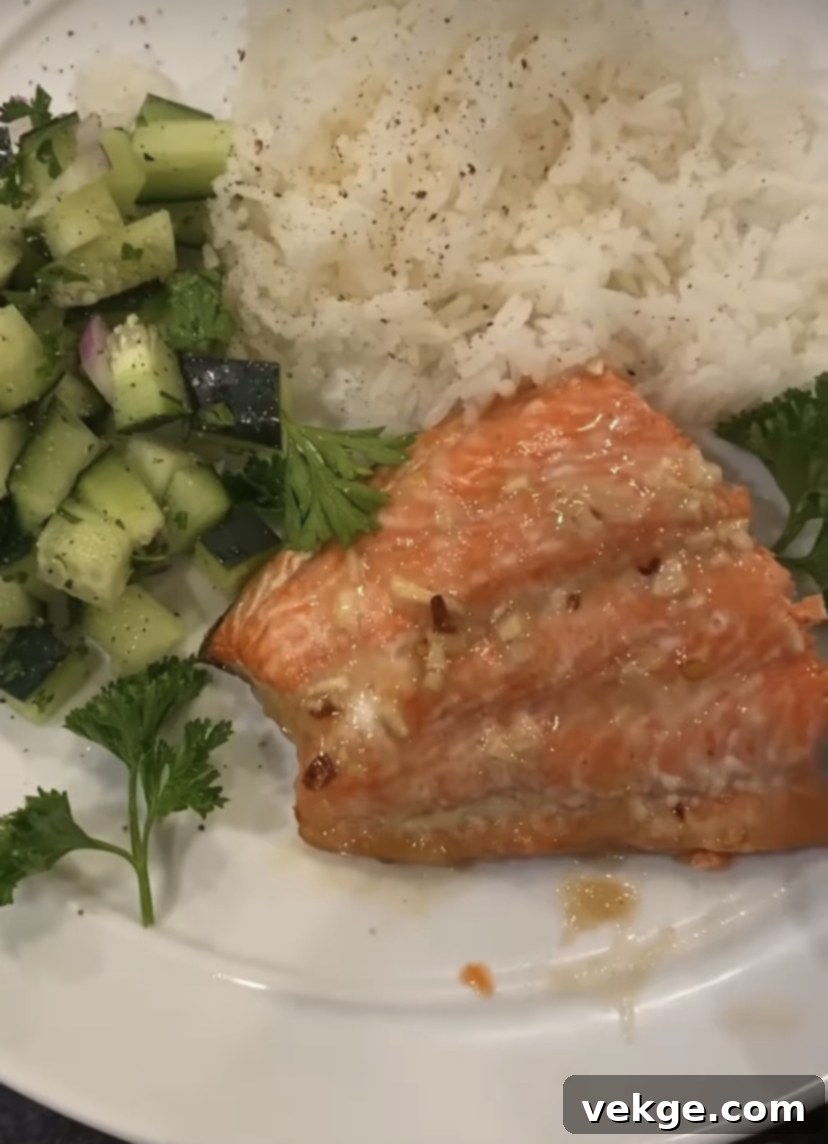 Maple Garlic Glazed Salmon 3 Another view of the cooked Maple Garlic Salmon, showing its flaky texture