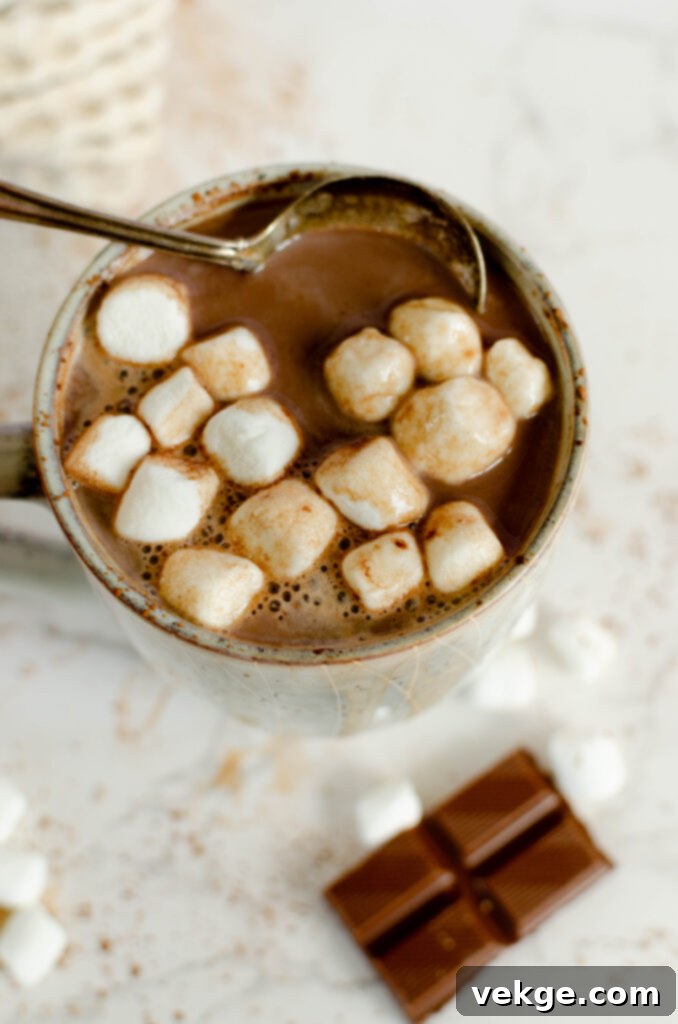 A steaming mug of homemade hot chocolate, topped with whipped cream and chocolate shavings.